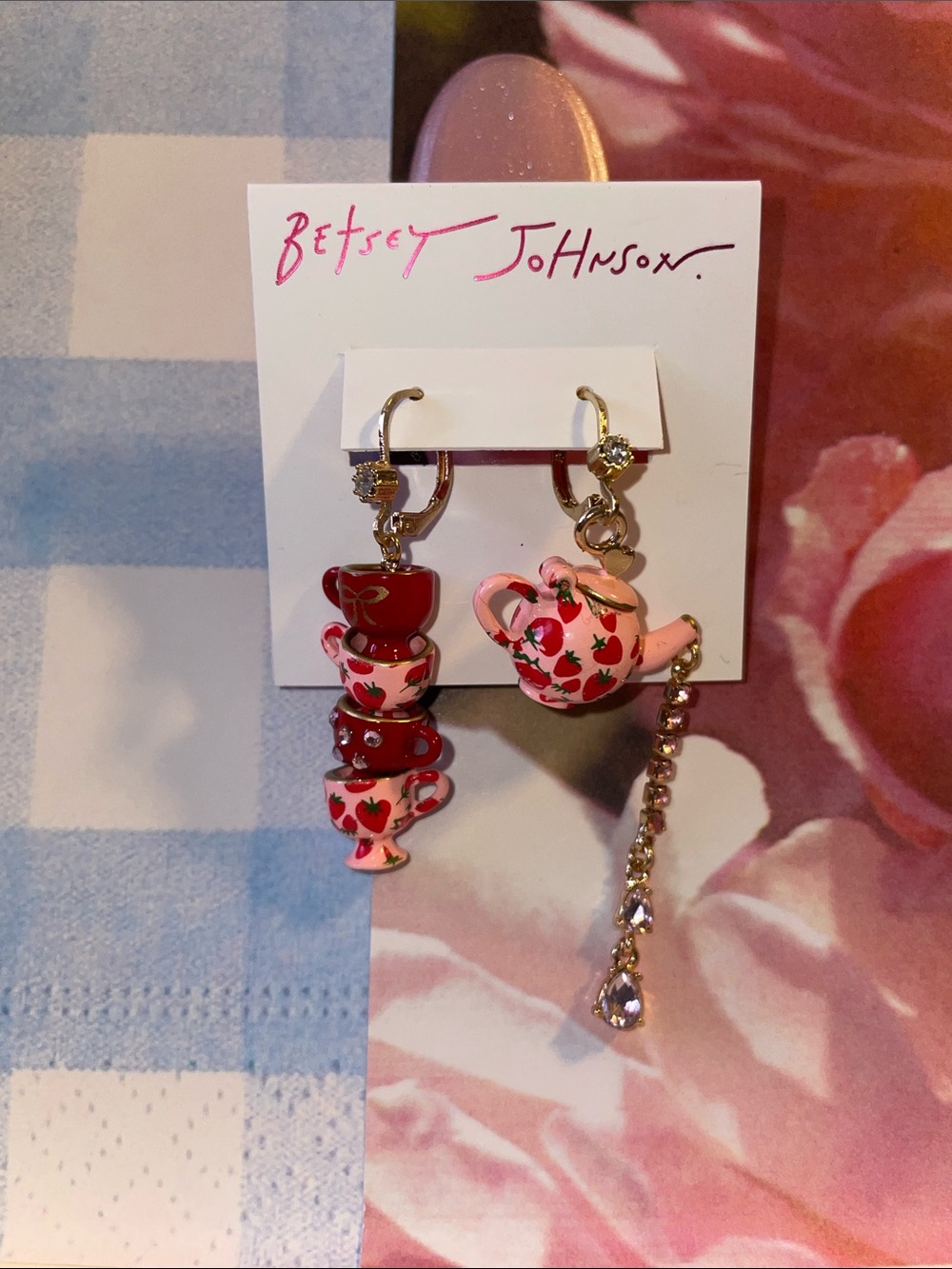 Betsey Johnson Pink & Red Teapot and Stacked Teacup Asymmetric Drop Earrings